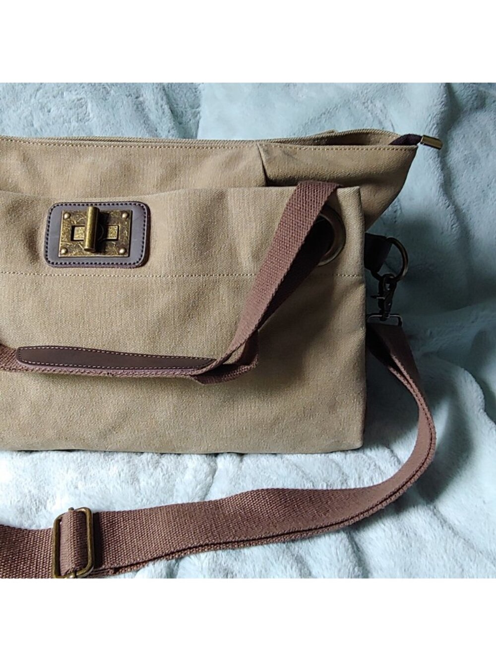 ZEDE Pont-des-Arts Washed Canvas Split Leather Crossbody Tote Contemporary - Picture 6 of 15